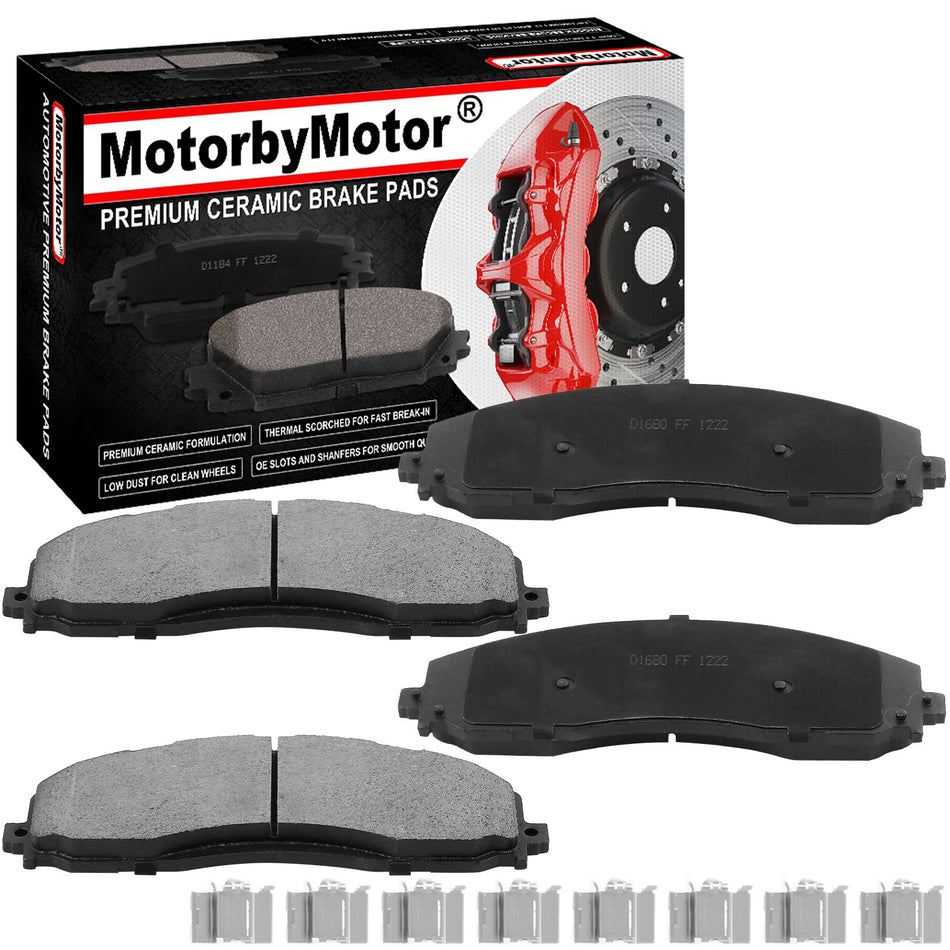 MotorbyMotor 4PC Front Ceramic Brake Pads with Hardware Kits, Ford F-250 F-350 F-450 Super Duty Low Dust Brake Pad (4WD 4x4) MotorbyMotor