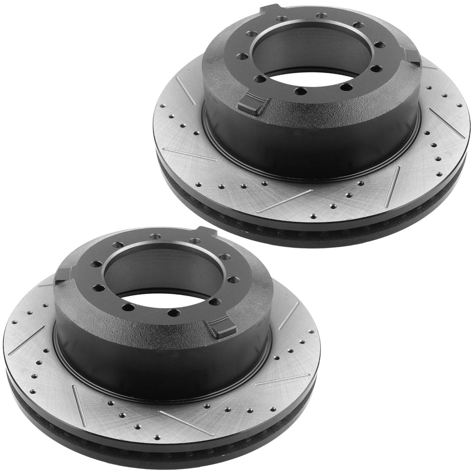 Rear Drilled & Slotted Disc Brake Rotors + Ceramic Pads + Cleaner & Fluid Fits for 2005-2016 Ford F-450 Super Duty, 2005-2016 Ford F-550 Super Duty MotorbyMotor