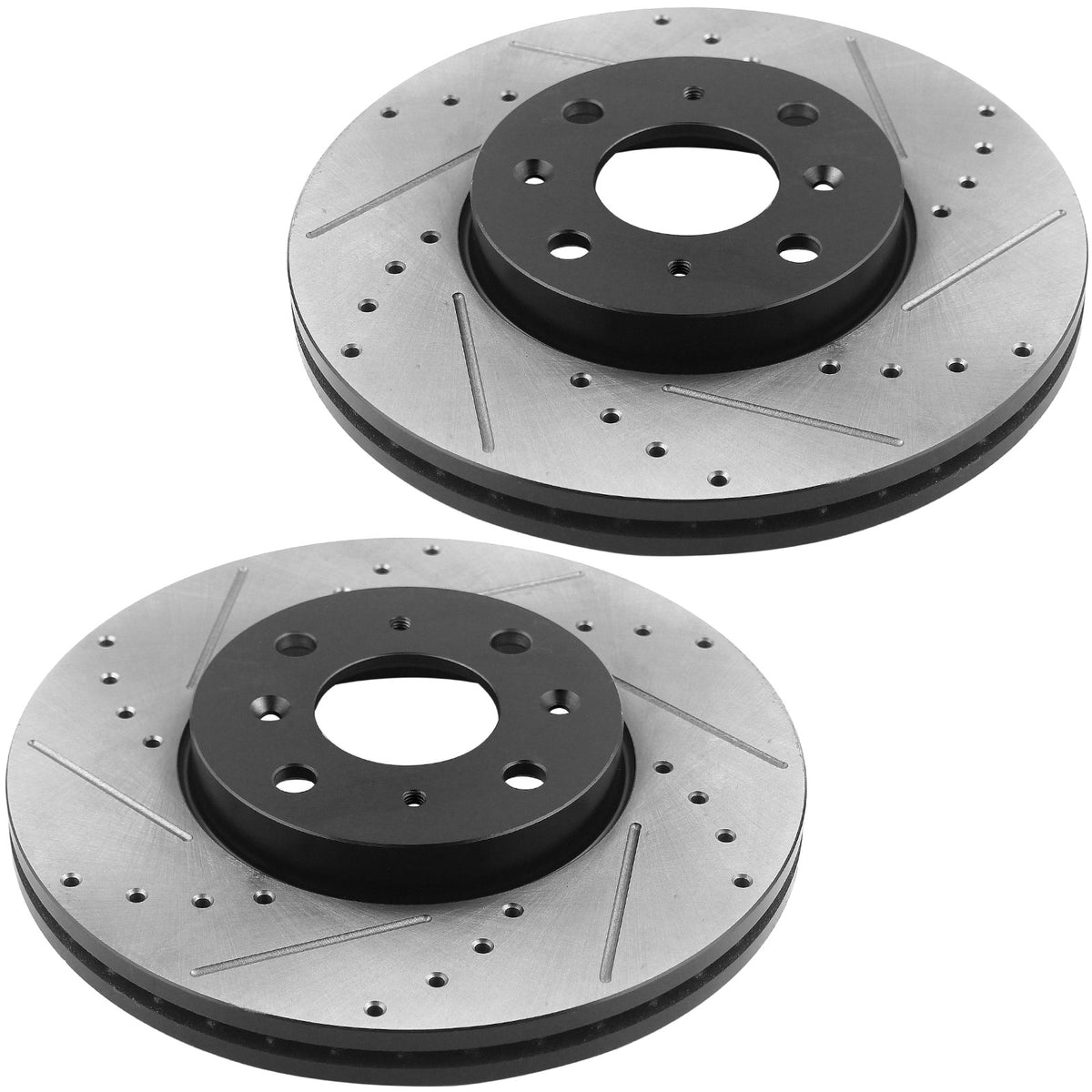 Front Drilled & Slotted Disc Brake Rotors + Ceramic Pads + Cleaner & Fluid Fits for 2009-2014 Nissan Cube, 2007-2012 Nissan Sentra, 2007-2008 Nissan Versa MotorbyMotor