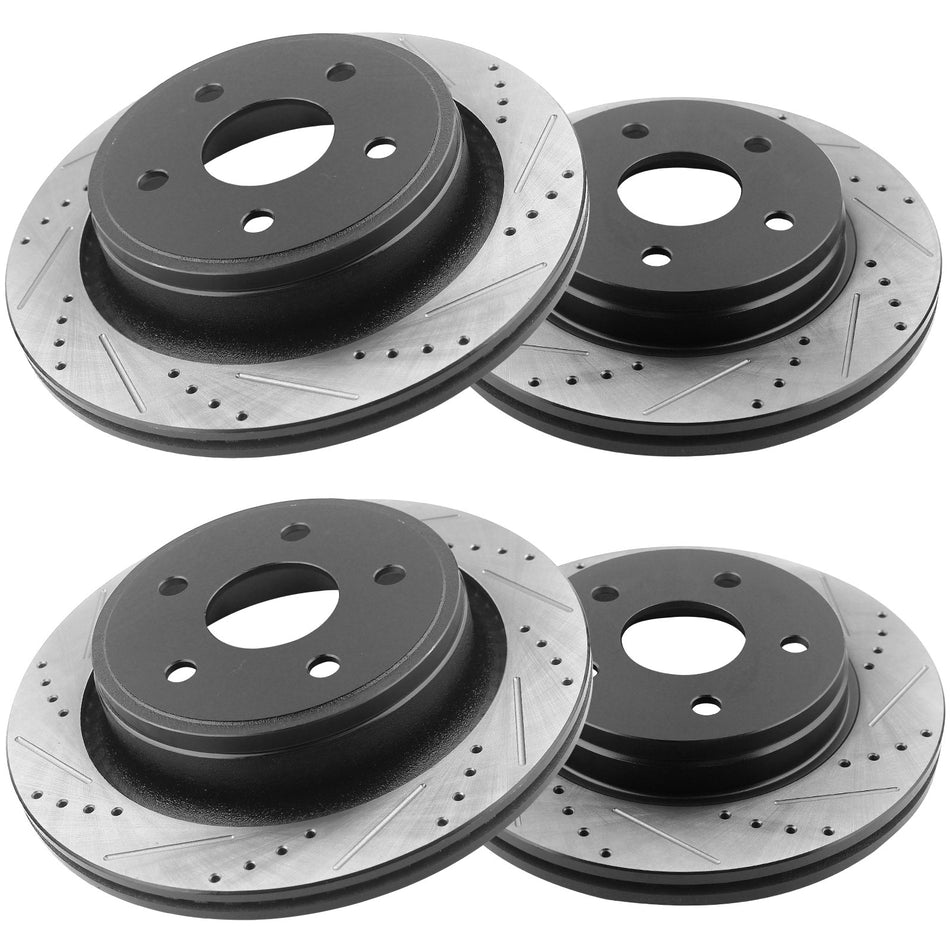 Front & Rear Drilled and Slotted Disc Brake Rotors w/Ceramic Brake Pads w/Cleaner & Fluid Replacement for Chrysler Aspen, Dodge Durango Ram 1500-5 Lugs 2WD or 4WD MotorbyMotor