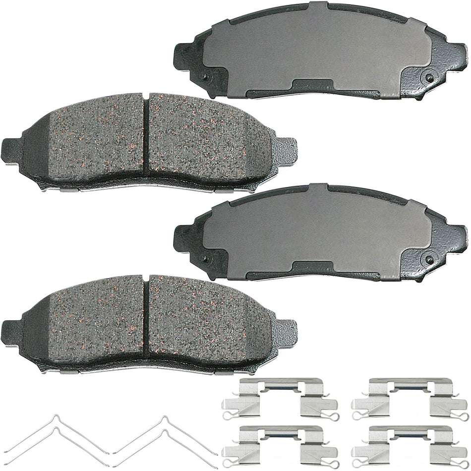 Front Ceramic Brake Pads w/Hardware Kits Fits for Nissan Frontier 2005-2007, Nissan Pathfinder 2005-2007, Nissan Xterra 2005-2015, Suzuki Equator 2009-2012 Low Dust Brake Pad(All Models)-4 Pack MotorbyMotor