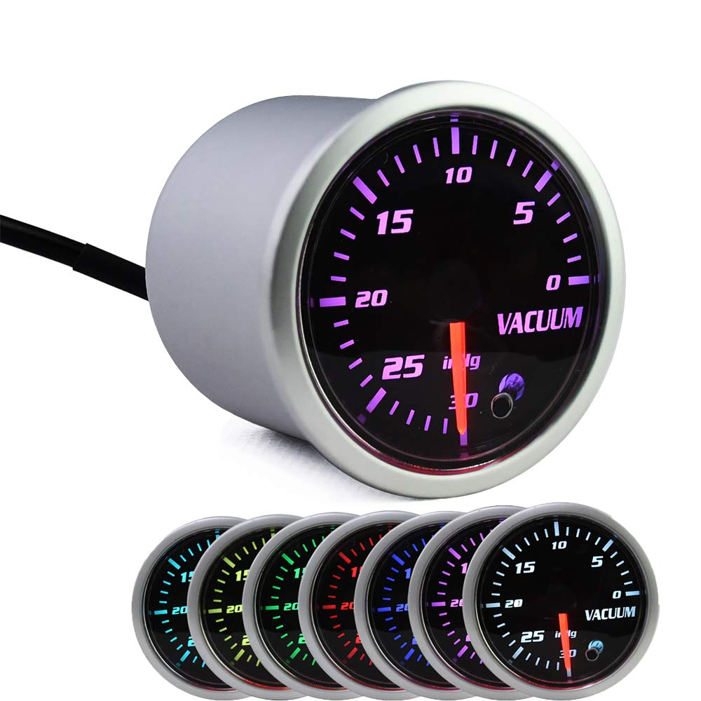 7 Color Vacuum Gauge Kit-2 Inch 52mm Vacuum Indicator Gauge 0 to 30 in.HG Vacuum Auto Car Meter Smoke Tint Lens 12V MotorbyMotor