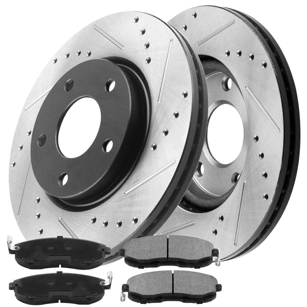 Rear Drilled & Slotted Disc Brake Rotors + Ceramic Pads + Cleaner & Fluid Fits for 1998-2002 Chevy Camaro, 1998-2002 Pontiac Firebird MotorbyMotor