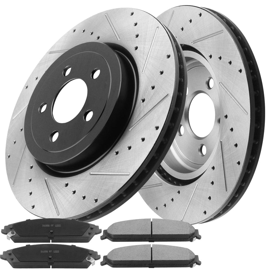 MotorbyMotor Front Brake Rotors 345mm Drilled & Slotted Brake Rotor & Brake Pad Kits Fits for Chrysler 300, Dodge Challenger Charger Magnum MotorbyMotor