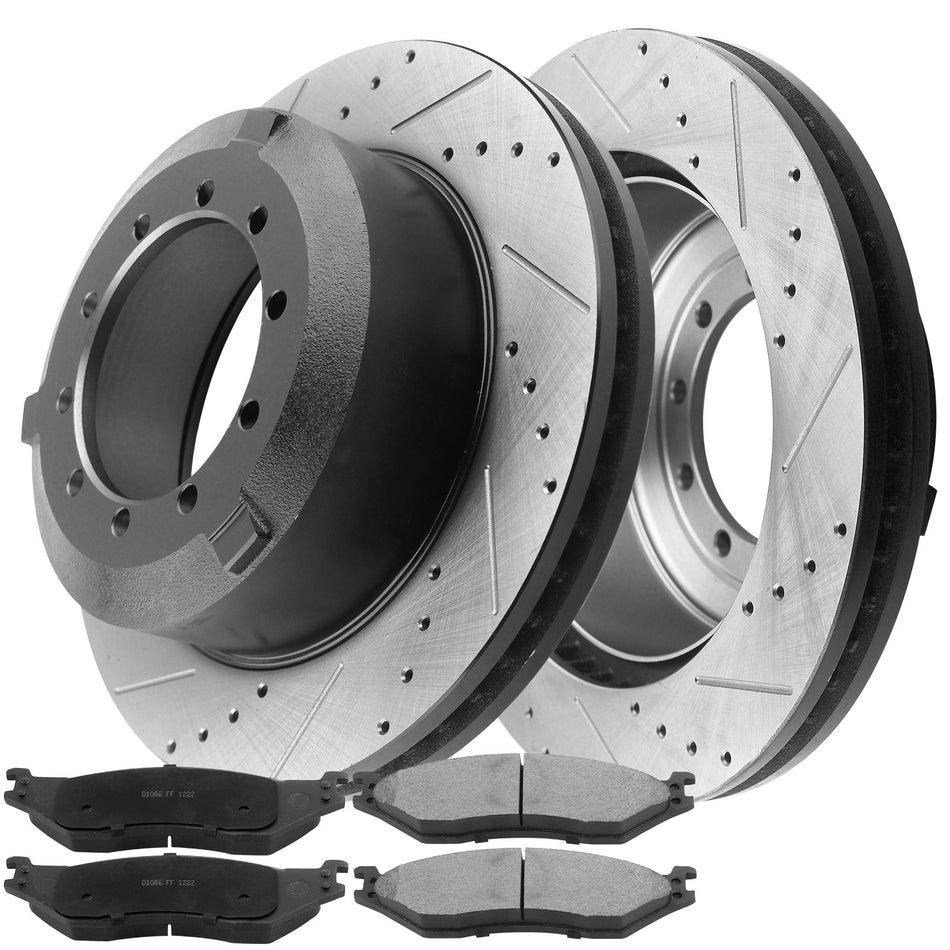 Rear Drilled & Slotted Disc Brake Rotors + Ceramic Pads + Cleaner & Fluid Fits for 2005-2016 Ford F-450 Super Duty, 2005-2016 Ford F-550 Super Duty MotorbyMotor