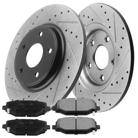 MotorbyMotor Rear Brake Rotors & Brake Pad Kit 328mm Drilled & Slotted Design Fits for Chrysler Town & Country, Dodge Grand Caravan Journey, RAM C/V, Volkswagen Routan MotorbyMotor