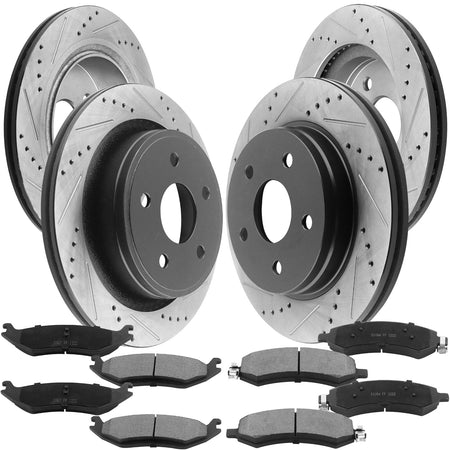 Front & Rear Drilled and Slotted Disc Brake Rotors w/Ceramic Brake Pads w/Cleaner & Fluid Replacement for Chrysler Aspen, Dodge Durango Ram 1500-5 Lugs 2WD or 4WD MotorbyMotor