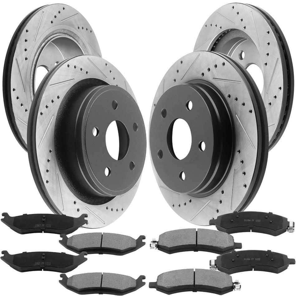 Front & Rear Drilled and Slotted Disc Brake Rotors w/Ceramic Brake Pads w/Cleaner & Fluid Replacement for Chrysler Aspen, Dodge Durango Ram 1500-5 Lugs 2WD or 4WD MotorbyMotor