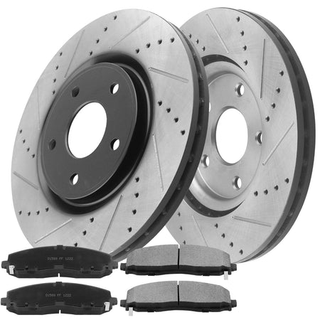 Front Drilled & Slotted Disc Brake Rotors + Ceramic Pads Fits for 17-20 Chrysler Pacifica/Town & Country, Dodge Grand Caravan/Journey, Ram C/V, Volkswagen Routan MotorbyMotor