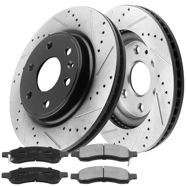 Front Drilled & Slotted Disc Brake Rotors + Ceramic Pads Fits for 08-17 Buick Enclave, 09-17 Chevy Traverse, 07-17 GMC Acadia, 07-10 Saturn Outlook MotorbyMotor