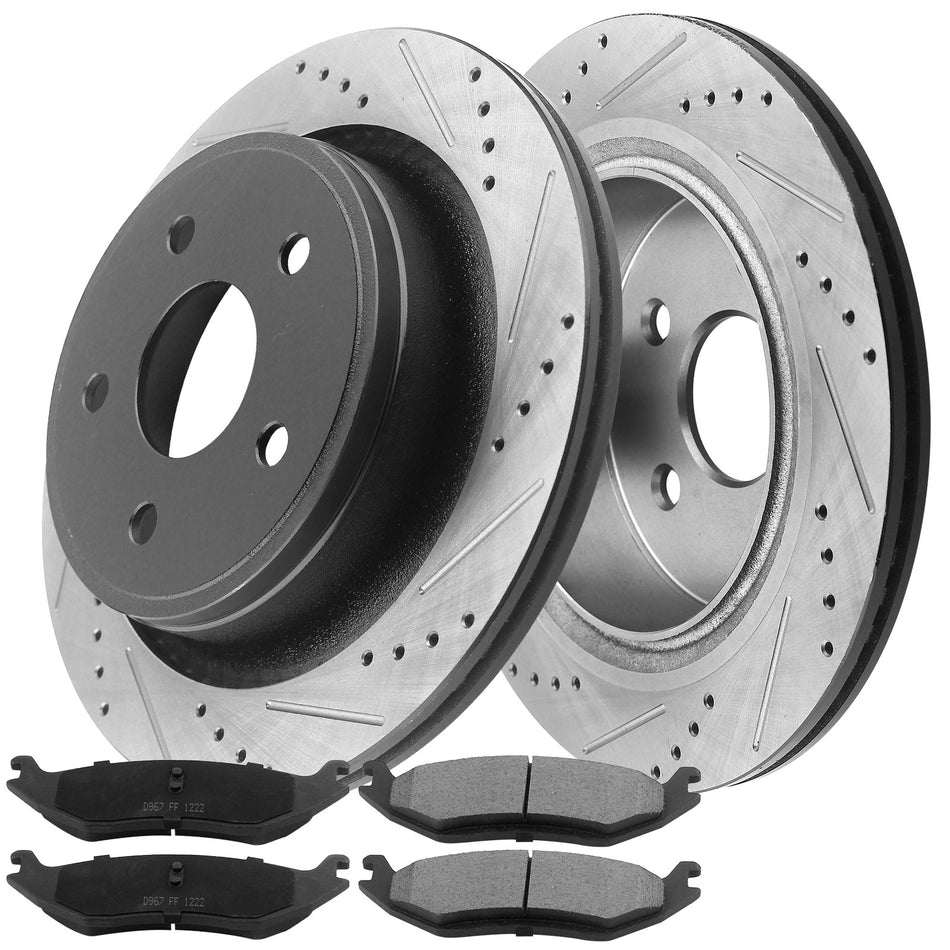 MotorbyMotor-352MM Rear Drilled & Slotted Disc Brake Rotors w/Ceramic Brake Pads Fits for Chrysler Aspen, Dodge Durango Ram 1500 Pickup-5 Lugs MotorbyMotor