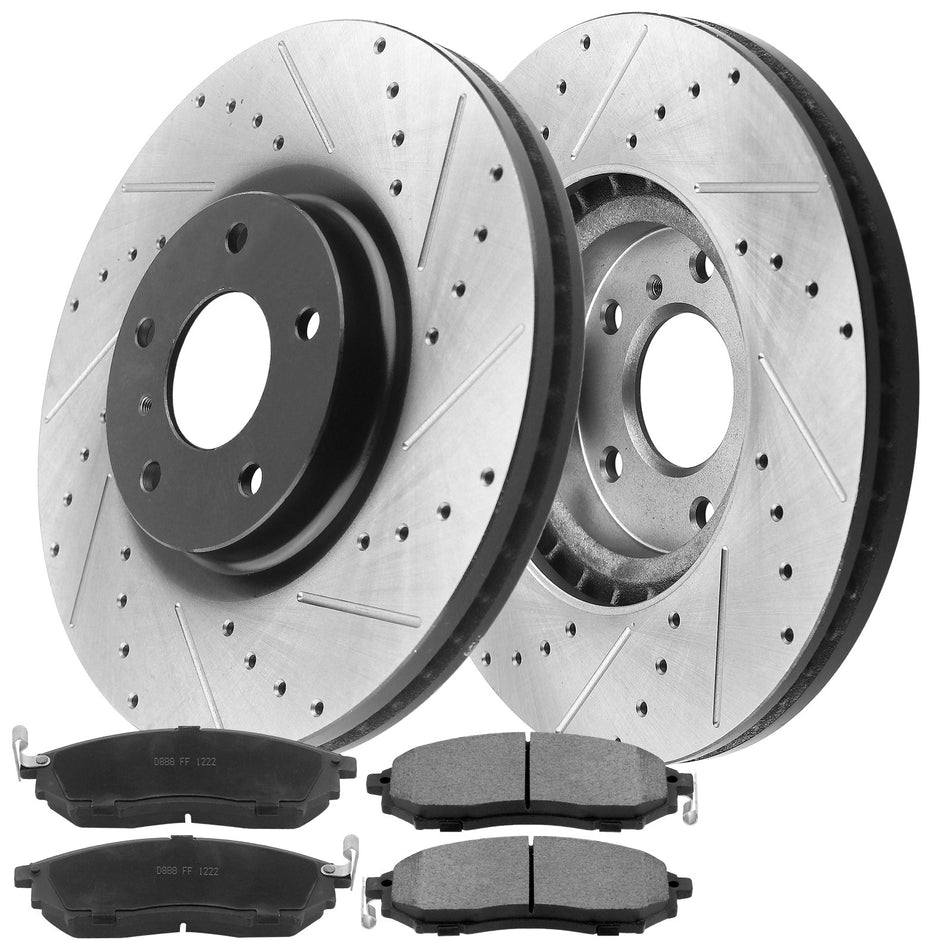 MotorbyMotor Front Brake Rotors & Brake Pad Kit 320mm Drilled & Slotted Design Fits for Infiniti G35 M35 M45 EX35 EX37 G25 G37 QX50, Nissan 350Z 370Z MotorbyMotor