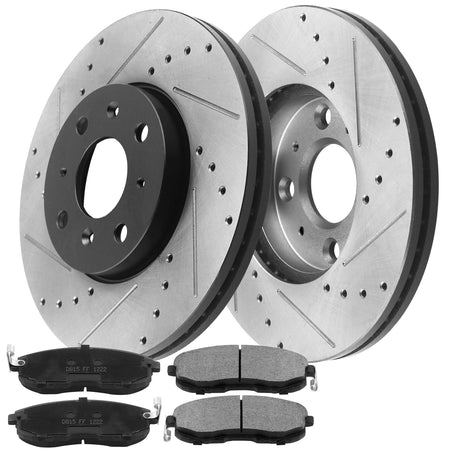 Front Drilled & Slotted Disc Brake Rotors + Ceramic Pads + Cleaner & Fluid Fits for 2009-2014 Nissan Cube, 2007-2012 Nissan Sentra, 2007-2008 Nissan Versa MotorbyMotor