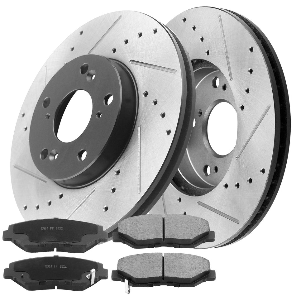 MotorbyMotor Front Brake Rotors 282mm Drilled & Slotted Design Brake Rotor & Brake Pad kit Fits for Acura ILX, Honda Civic Accord Element CR-V MotorbyMotor