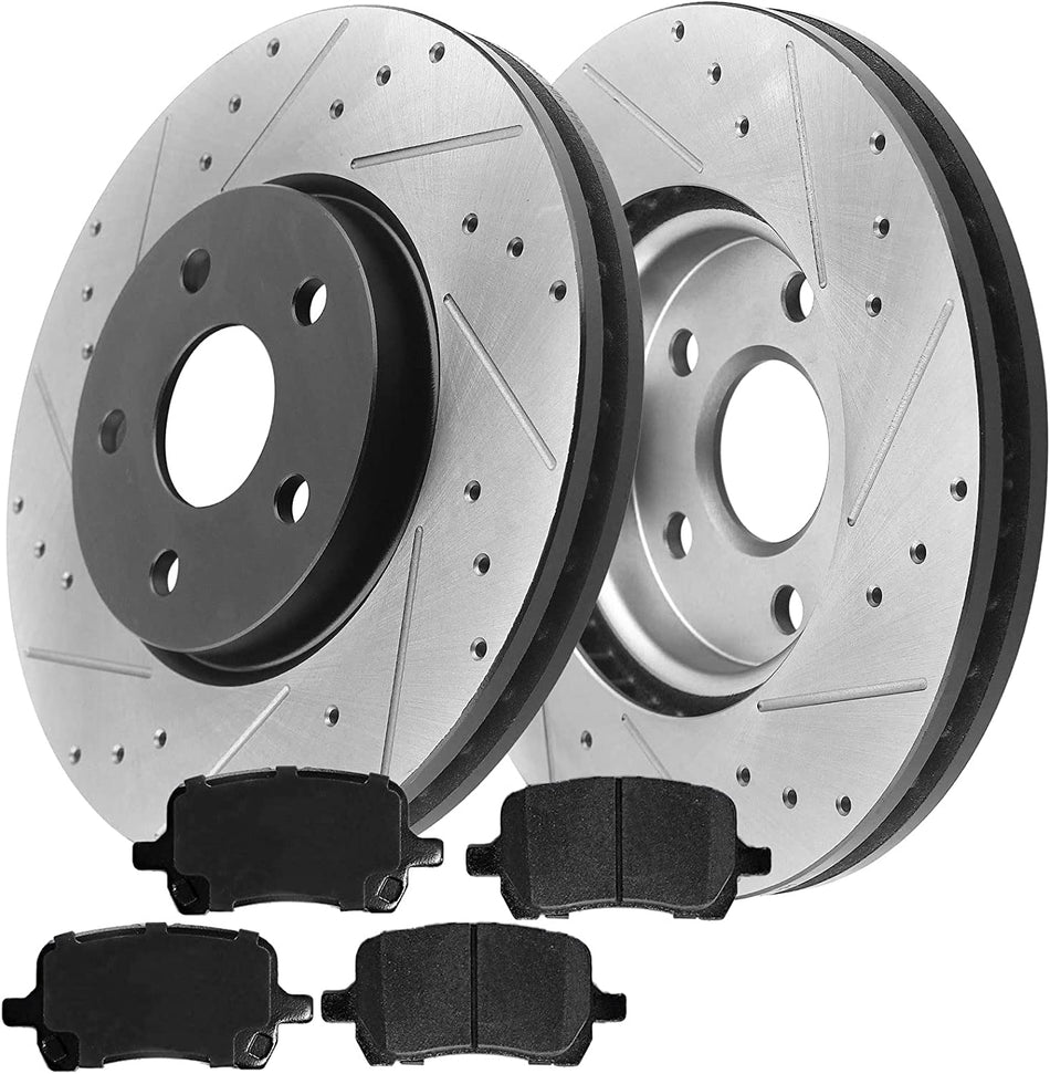 MotorbyMotor Front Brake Rotors 296mm Drilled & Slotted Design E-Coating Brake Rotor & Brake Pad kit Fits for Chevrolet Cobalt Malibu, Pontiac G4 G5 G6, Saturn Aura MotorbyMotor