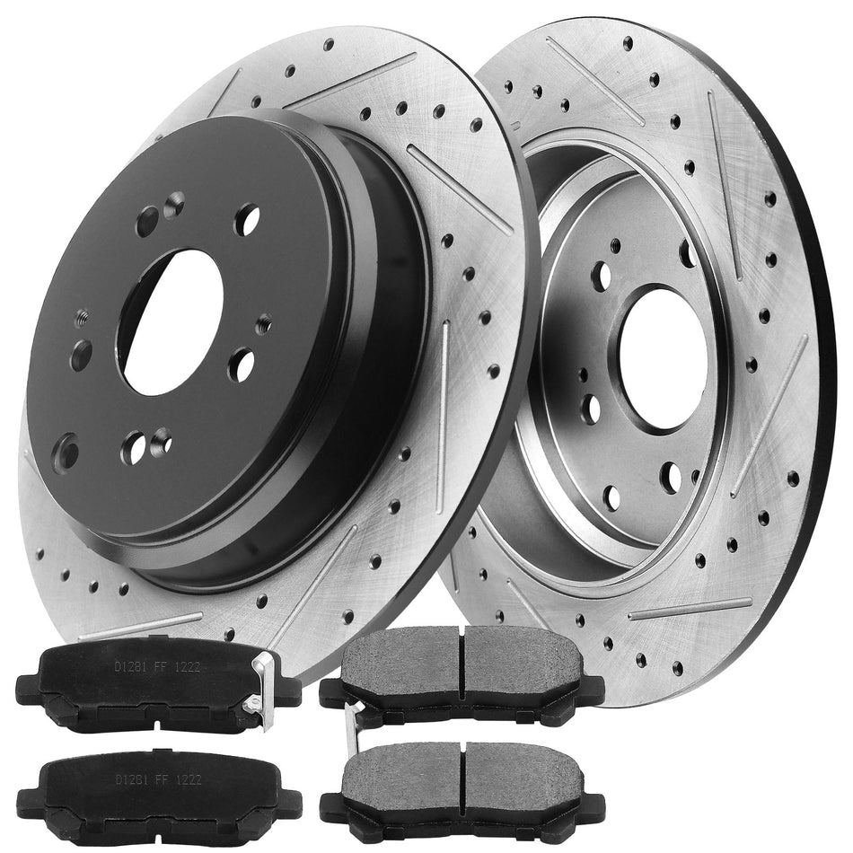 MotorbyMotor Rear Brake Rotors & Brake Pad Kit 334mm Drilled & Slotted E-Coating Fits for Acura MDX ZDX, Honda Pilot Odyssey (All Models) MotorbyMotor