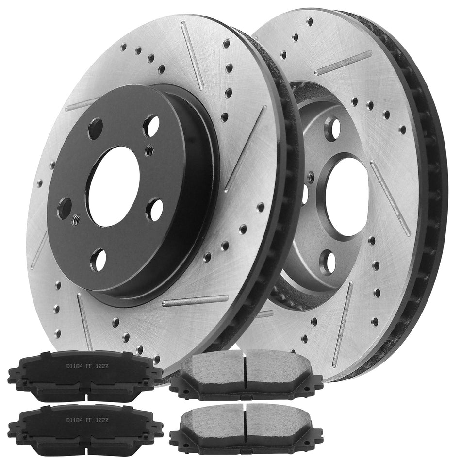 MotorbyMotor Front Brake Rotors 255mm Drilled & Slotted Design Brake Rotor & Brake Pad kit Fits for Lexus CT200H, Toyota Prius, Toyota Prius Plug-In-All Models MotorbyMotor