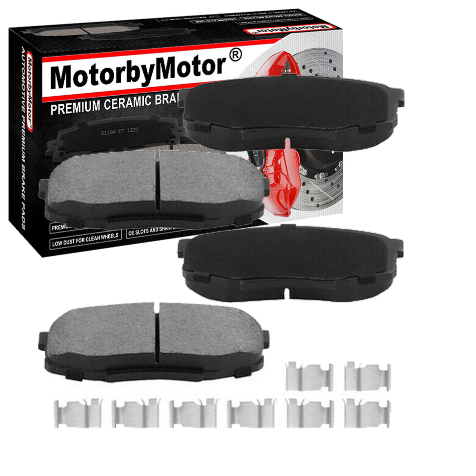 Front Ceramic Brake Pads w/Hardware Kits Fits for Ford F-150 1997 - 2003 (Excl. Lightning Models), Lincoln Blackwood 2002 (All Models) Ceramic Low Dust Brake Pad (All Models)-4 Pack MotorbyMotor