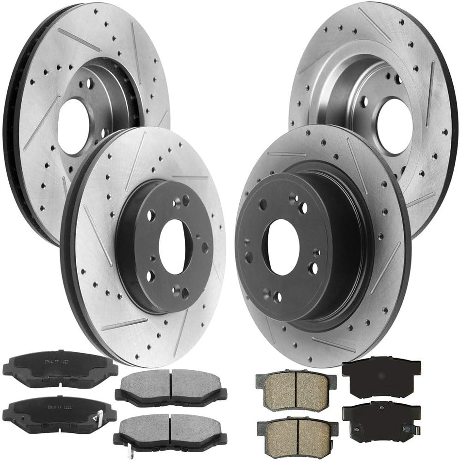 MotorbyMotor Front Rear Brake Kit Rotors and Ceramic Pads 2003-2007 Honda Accord E-Coating Drilled & Slotted Brake Rotor & Disc Brake Pads MotorbyMotor