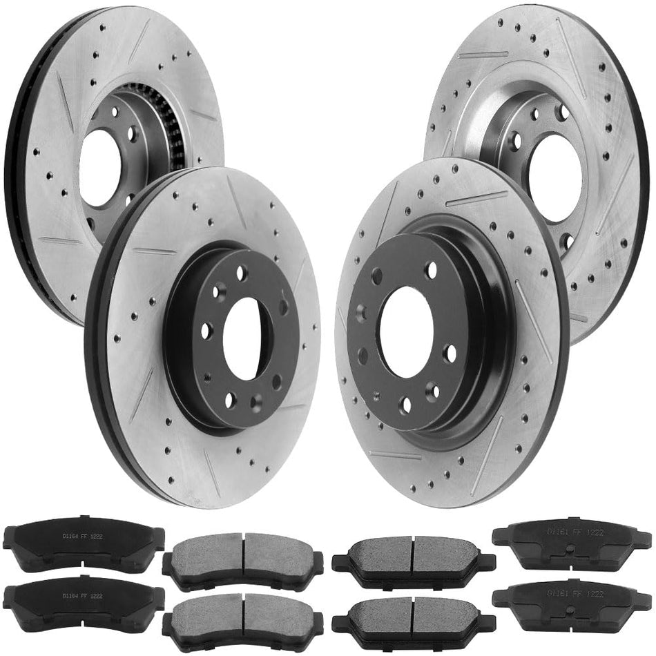 MotorbyMotor Front Rear Brake Kit Rotors and Ceramic Pads  Ford Fusion, Lincoln MKZ Zephyr, Mazda 6, Mercury Milan E-Coating Drilled & Slotted Brake Rotor & Brake Pads MotorbyMotor