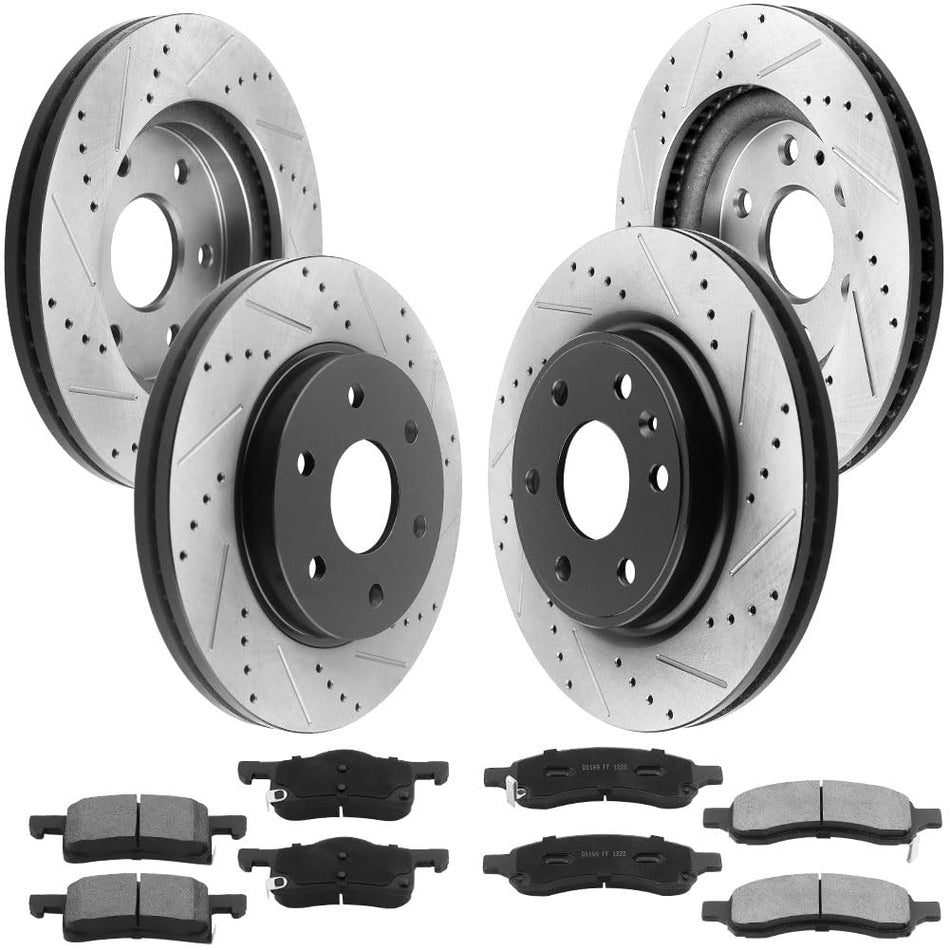 MotorbyMotor Front Rear Brake Kit Rotors and Ceramic Pads Fits for Buick Enclave, Chevy Traverse, GMC Acadia, Saturn Outlook E-Coating Drilled & Slotted Brake Rotor & Brake Pads MotorbyMotor