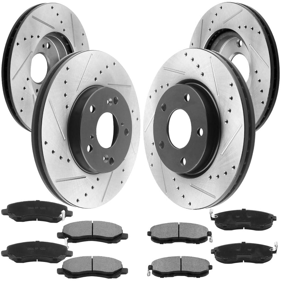 MotorbyMotor Front Rear Brakes and Rotors  Jeep Compass Patriot, Chrysler 200 Sebring, Dodge Avenger Caliber E-Coating Drilled & Slotted Brake Rotor & Ceramic Pad, Brake Kit MotorbyMotor