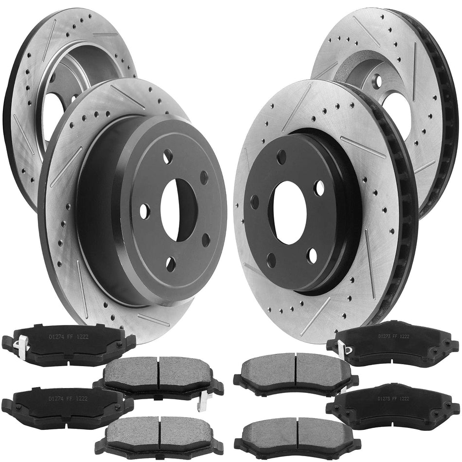 MotorbyMotor Front Rear Brake Kit Rotors and Ceramic Pads  2007-2017 Jeep Wrangler, 2018 Jeep Wrangler Jk E-Coating Drilled & Slotted Brake Rotor & Disc Brake Pads MotorbyMotor