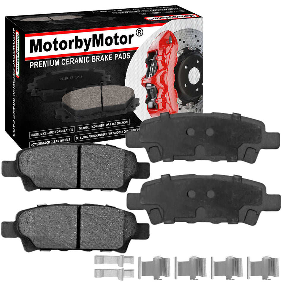 Rear Ceramic Brake Pads w/Hardware Kits Fits Chrysler 200 Sebring, Dodge Avenger Caliber, Jeep Compass Patriot, Mitsubishi Lancer-Ceramic Low Dust Brake Pad-4 Pack MotorbyMotor