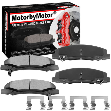 Front Ceramic Brake Pads w/Hardware Kits Fits for Buick Allure Lacrosse Lucerne, Cadillac DTS, Chevrolet Impala Limited Monte Carolo-Low Dust Brake Pad-4 Pack MotorbyMotor