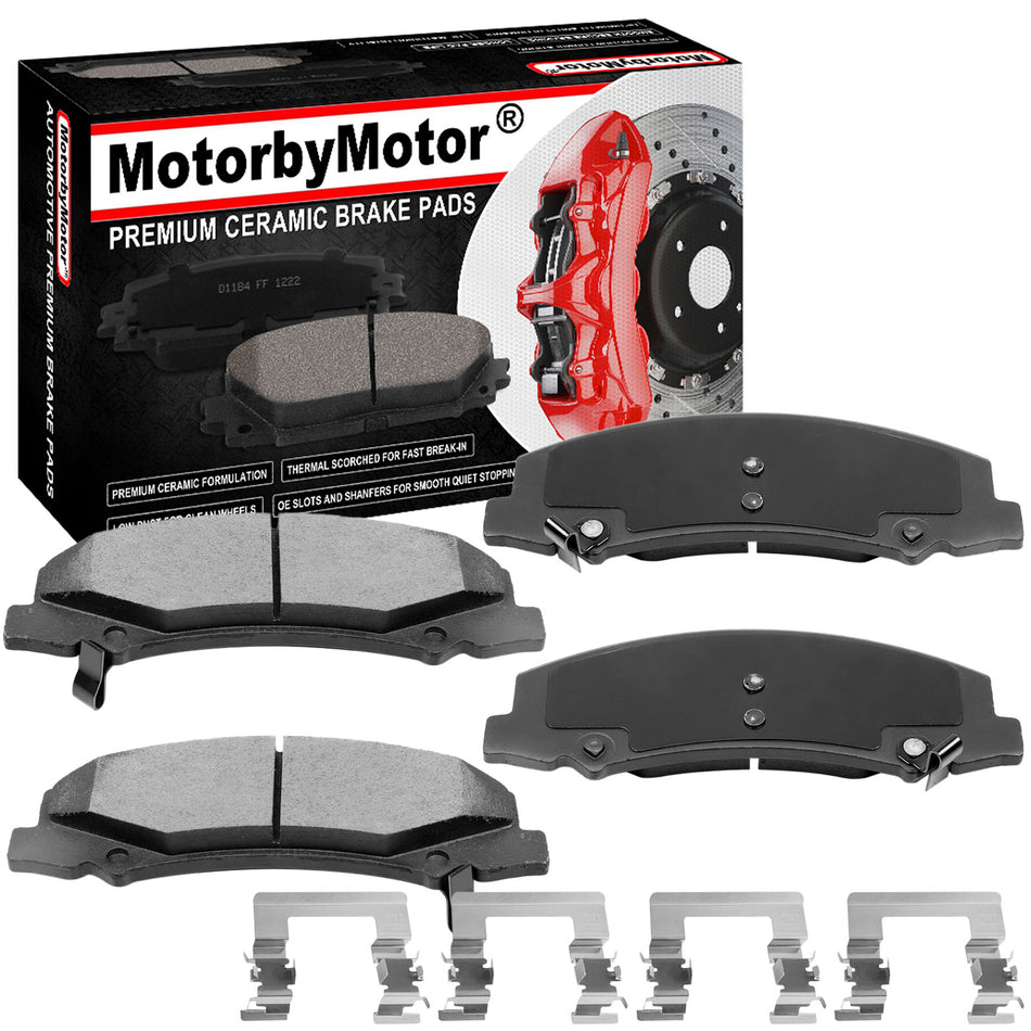 Front Ceramic Brake Pads w/Hardware Kits Fits for Buick Allure Lacrosse Lucerne, Cadillac DTS, Chevrolet Impala Limited Monte Carolo-Low Dust Brake Pad-4 Pack MotorbyMotor