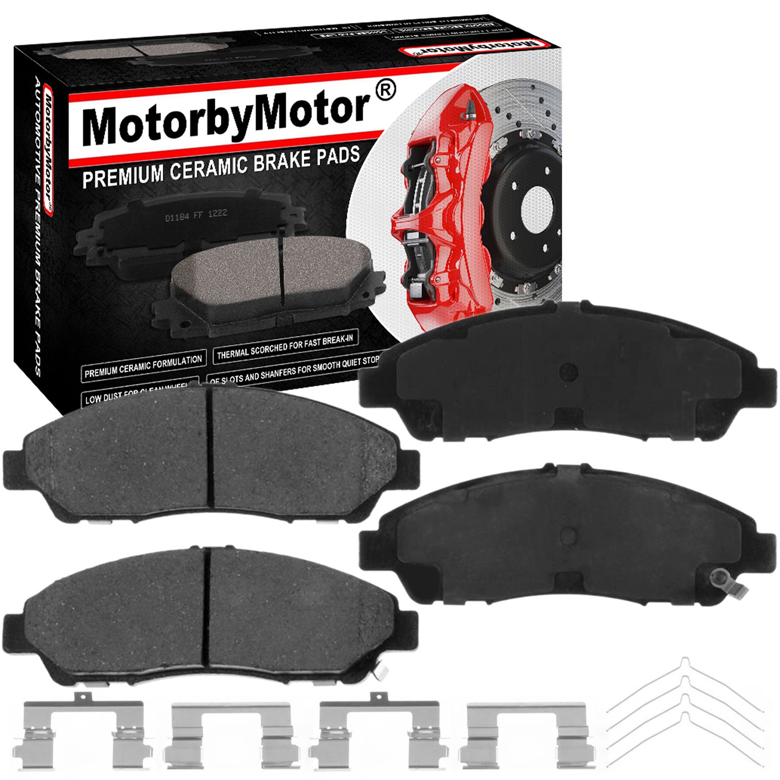 MotorbyMotor 4PC Front Ceramic Brake Pads with Hardware Kits & CLEANER DOT4 FLUID Fits for Acura MDX ZDX, Honda Pilot Low Dust Brake Pad (All Models) MotorbyMotor