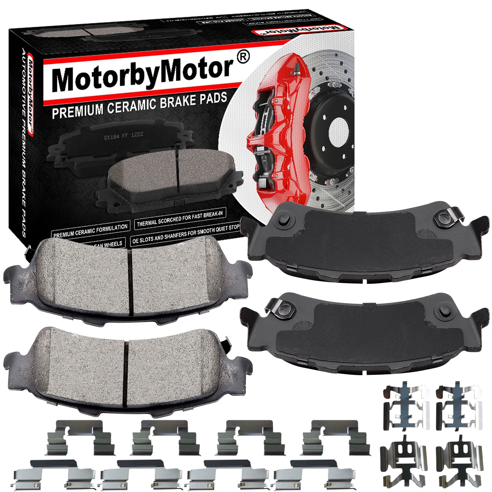 Rear Ceramic Brake Pads w/Hardware Kits Fits for Cadillac Deville DTS Escalade, Chevrolet Astro Silverado 1500, GMC Tahoe Safari Sierra 1500 Yukon-4 Pack MotorbyMotor