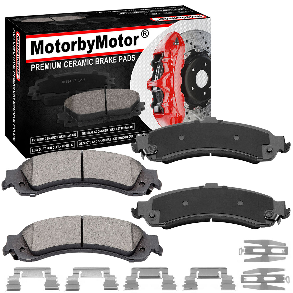 Rear Ceramic Brake Pads w/Hardware Kits Fits forCadillac Escalade ESV EXT, Chevrolet Avalanche Silverado Suburban 1500 Tahoe, GMC Sierra 1500 Yukon XL 1500-4 Pack MotorbyMotor