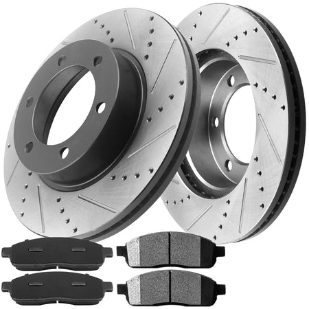 MotorbyMotor Front Brake Rotors 330mm Drilled & Slotted Design E-Coating Brake Rotor & Brake Pad kit Fits for 2005-2008 Ford F150, 2006-2008 Lincoln Mark LT (4WD 6 Lugs) MotorbyMotor