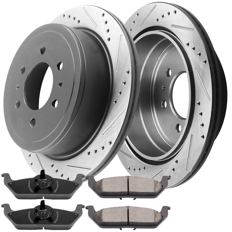 MotorbyMotor Rear Brake Rotors & Brake Pad Kit 348mm E-Coating Drilled & Slotted Design Fits for 05-11 Ford F-150, 06-08 Linclon Mark LT (6 Lug Models ONLY) MotorbyMotor