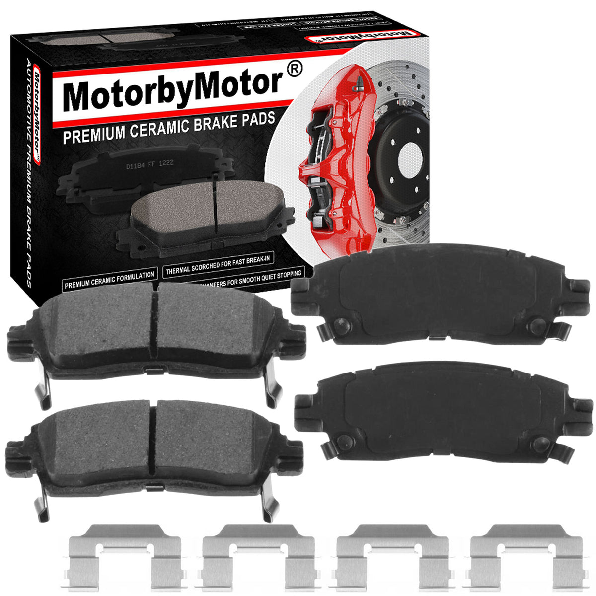 4PC Rear Ceramic Brake Pads with Hardware Kits Fits for Buick Enclave Rainier, Chevrolet SSR Trailblazer EXT Traverse Equinox, GMC Acadia Envoy XL XUV, Isuzu Ascender, Oldsmobile Bravada, Saab 9-7X MotorbyMotor